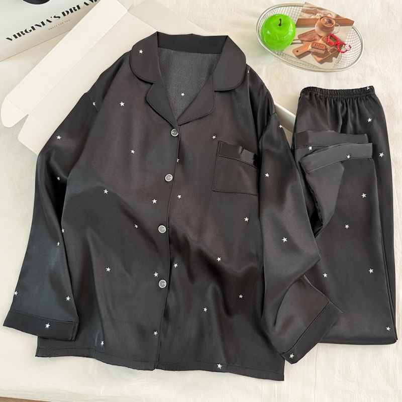 Women'S Fashion Pajamas - Pyjama en soie glacée noire étoile